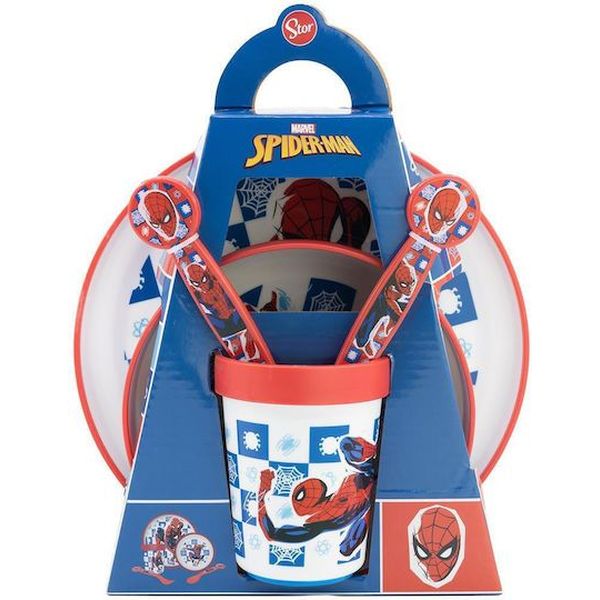 Stor: Marvel Spiderman - 5 Pcs Non Slip Bicolor Premium Set (Plate Bowl Tumbler 260 Ml & Cutlery) (83581)