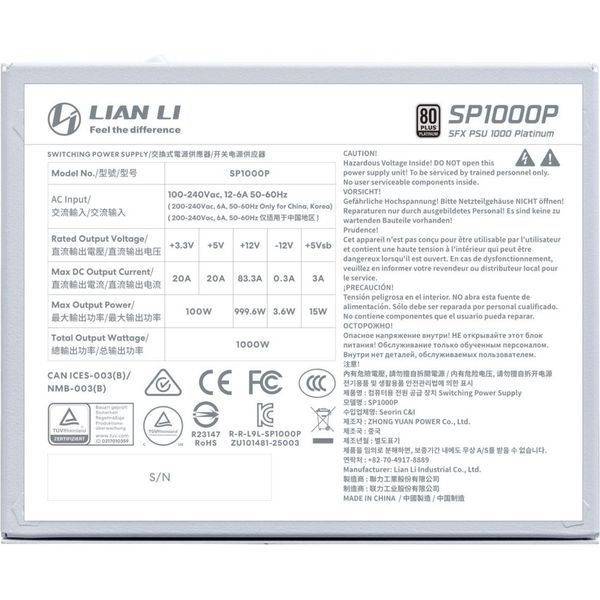 LIAN LI SP1000P WHITE - 1000W 80+ PLATINUM PSU - 10 YEARS WARRANTY - 12V-2X6 - JAPANESE CAPACITORS