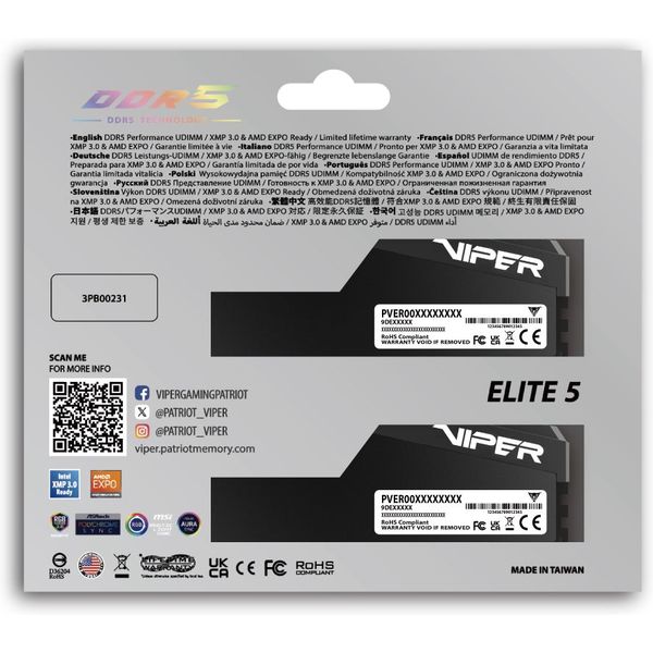 RAM PATRIOT VIPER RGB ELITE 5 ULTRA 32GB (2X16GB) DDR5 6000MT/S CL28 INTEL/AMD DUAL VEUR532G6028K