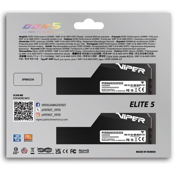 RAM PATRIOT VIPER ELITE 5 ULTRA 32GB (2X16GB) DDR5 6000MT/S CL28 INTEL/AMD DUAL KIT VEU532G6028K