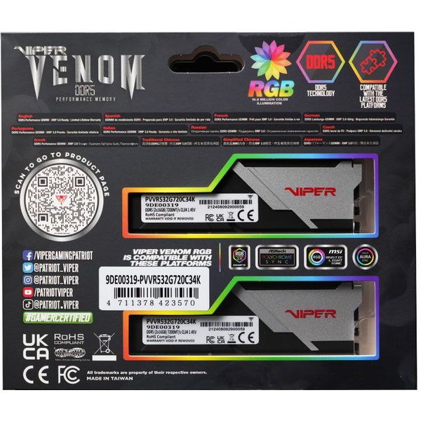RAM PATRIOT VIPER VENOM RGB 48GB (2X24GB) DDR5 6000MT/S CL36 INTEL/AMD DUAL KIT PVVR548G600C36K