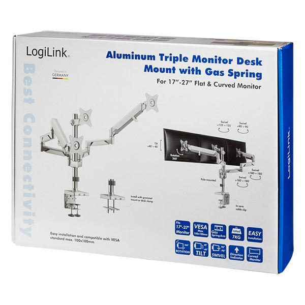 Logilink Bp0090 Triple Monitor Mount, 17 27", Aluminum, Curved Screens