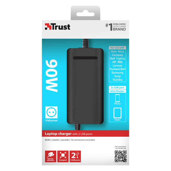 Trust Universal Laptop Charger 90W 10 Adapters + 2 USB Ports ...