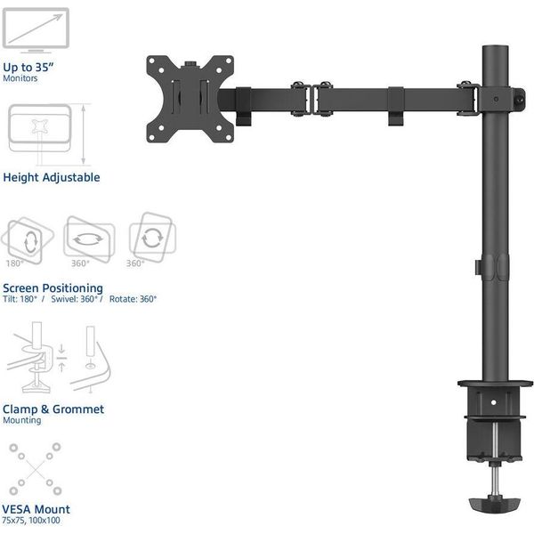 ACT AC8301 SINGLE MONITOR ARM BLACK 10' - 35'