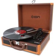 ion audio vinyl motion deluxe portable suitcase turntable brown photo