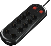 hama 137253 10 way power strip with 2 switches and overvoltage protection 2m black photo