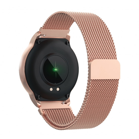 黄色/緑色の布製バンドが付いた Google Pixel Watch 2 を着用している人。