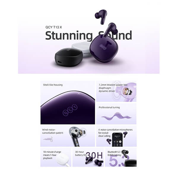 QCY T13X TRUE WIRELESS IN-EAR EARBUDS QUICK CHARGE 380MAH BLACK