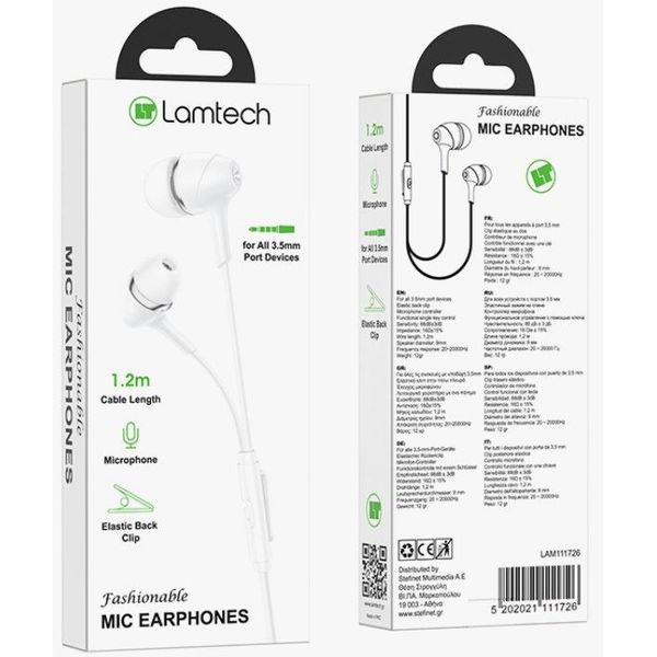 LAMTECH FASHIONABLE 3,5MM EARPHONES WITH MIC WHITE LAM111726