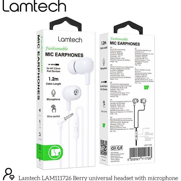 LAMTECH FASHIONABLE 3,5MM EARPHONES WITH MIC WHITE LAM111726