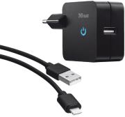 trust 20232 12w wall usb charger with apple lightning cable black universal photo