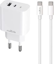 maxlife mxtc 06 30ac pd qc charger 1x usb c 1x usb 30w white usb c usb c cable 60w photo