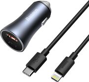 baseus car charger golden contactor 40w 3a 1 x usb a 1 x type c with lightning cable grey photo